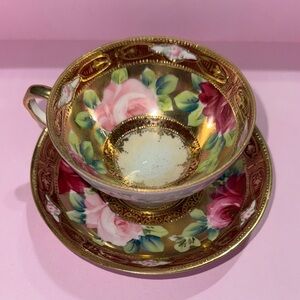Vintage Hand M.M Painted Nippon Floral Gold Teacup and Saucer Set